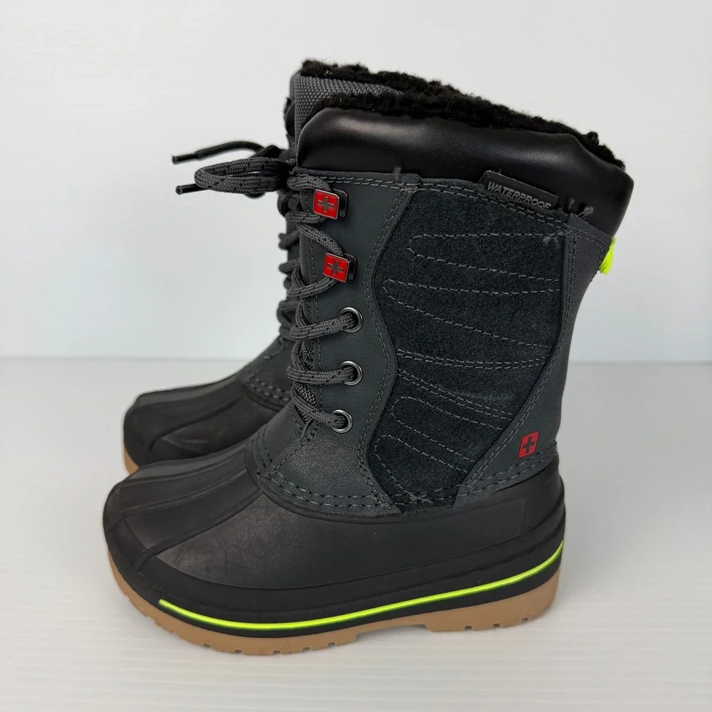 Swiss Tech Kids Winter‎ Snow Boots Grey Black Neon Yellow Waterproof Size 10
